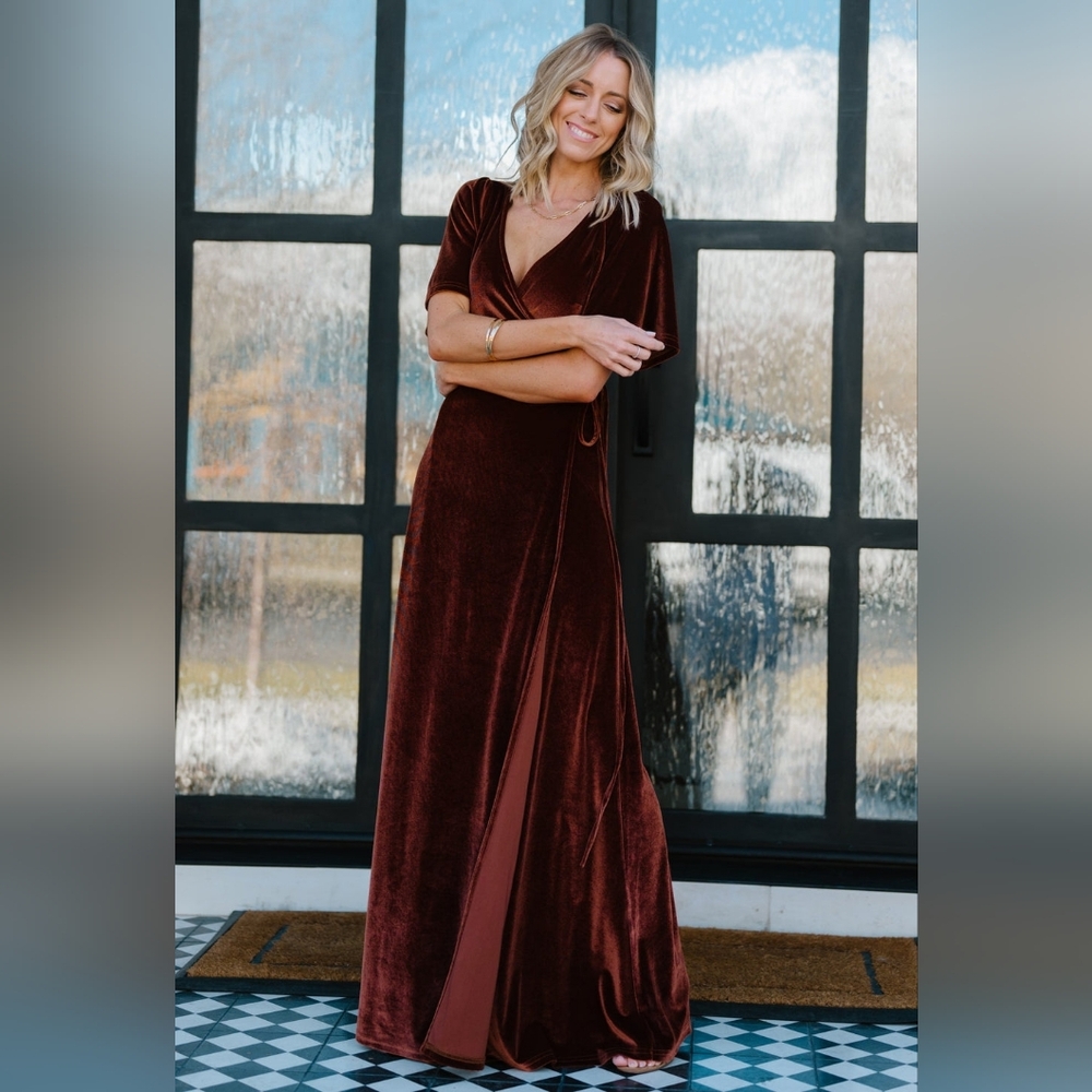 BALTIC BORN Meghan Velvet Wrap Maxi Dress Bronze Medium NWT - Picture 12 of 12